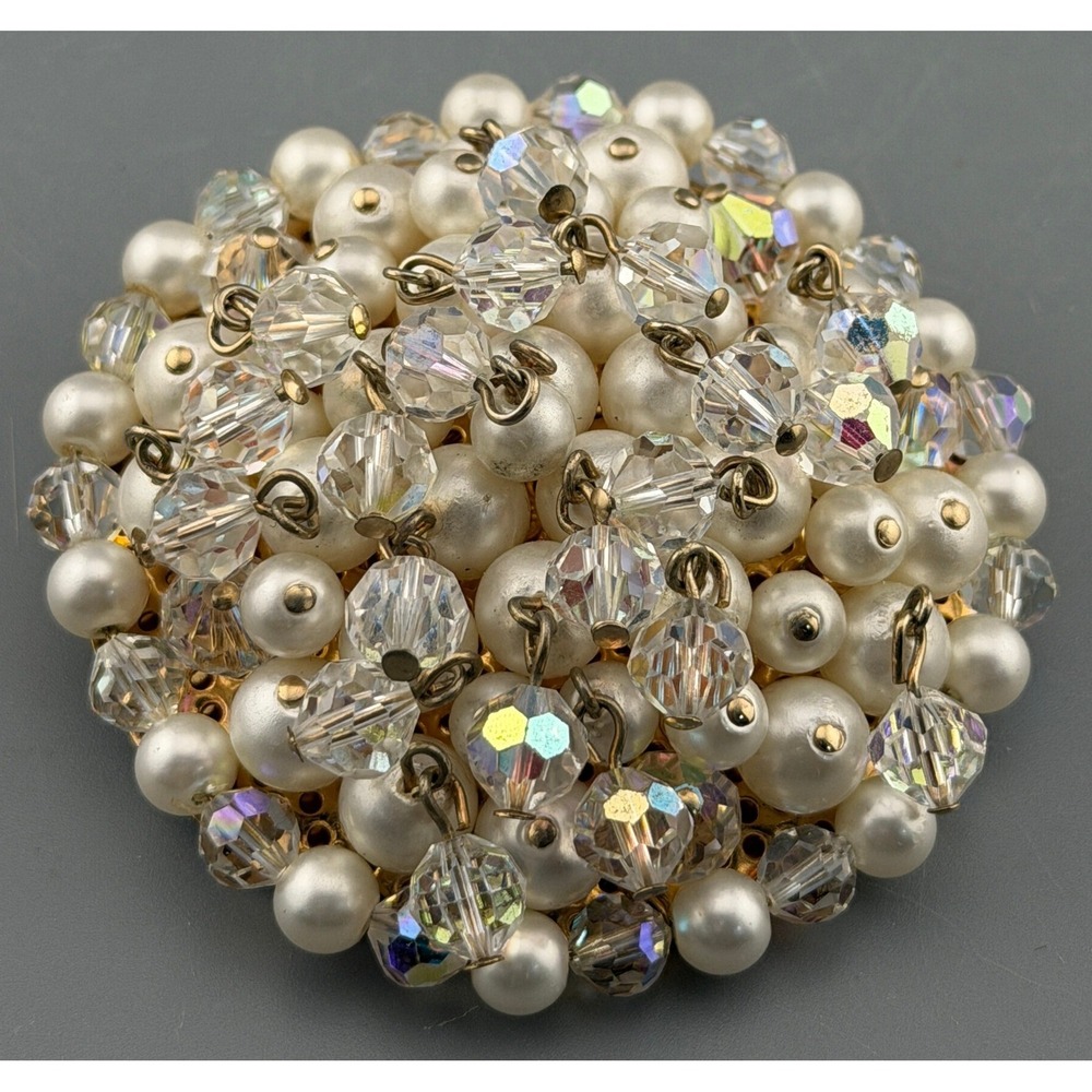 Vintage Kramer Brooch Faux Pearl AB Crystal Clusters Dangling Cha-Cha Style 2.5